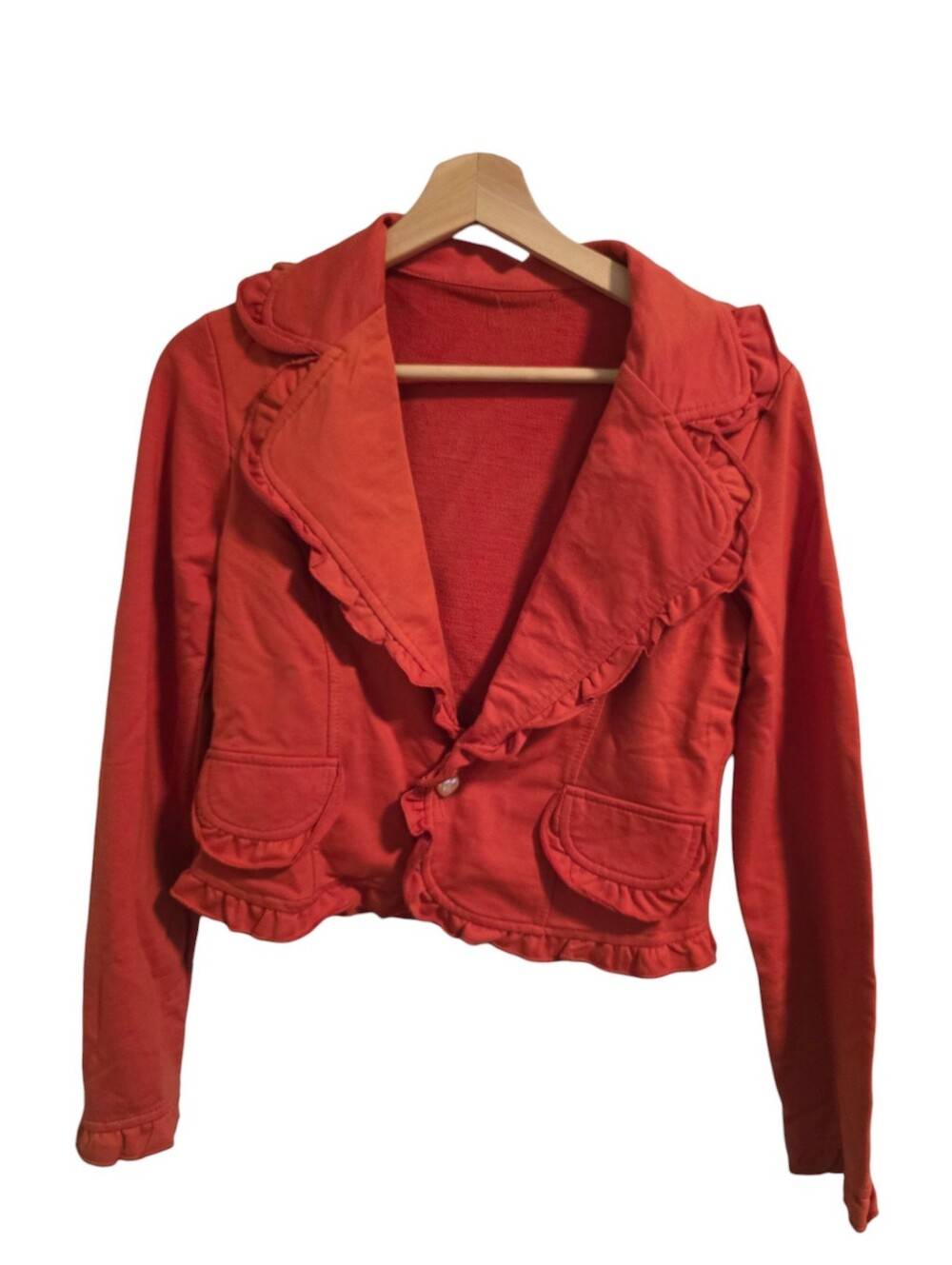 Y.S NWT Red Cropped Knit Cardigan Ruffle Lapel & Hem Heart Button Pockets Size S
